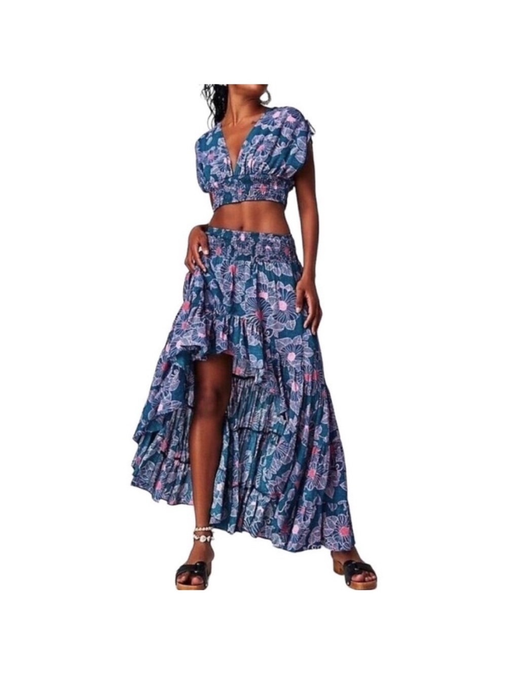 Free people S small top skirt high low morning sun ruffles set